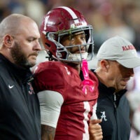 Oct 10, 2026; Tuscaloosa, Alabama, USA; Alabama wide receiver Ryan Coleman-Williams (1) is assisted from the field by trainers after being injured during the game with Georgia at Saban Field at Bryant-Denny Stadium.