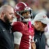 Oct 10, 2026; Tuscaloosa, Alabama, USA; Alabama wide receiver Ryan Coleman-Williams (1) is assisted from the field by trainers after being injured during the game with Georgia at Saban Field at Bryant-Denny Stadium.