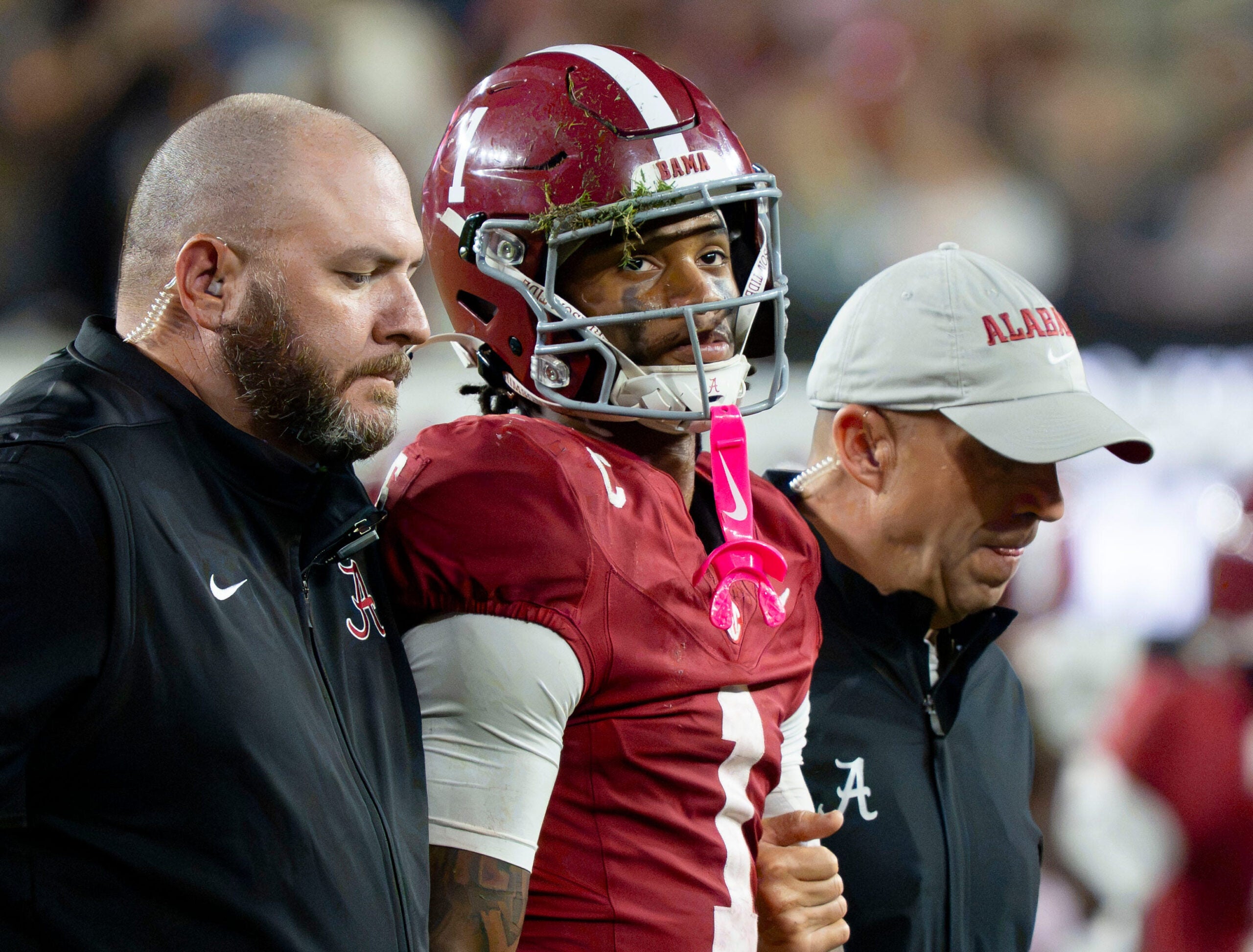 Oct 10, 2026; Tuscaloosa, Alabama, USA; Alabama wide receiver Ryan Coleman-Williams (1) is assisted from the field by trainers after being injured during the game with Georgia at Saban Field at Bryant-Denny Stadium.