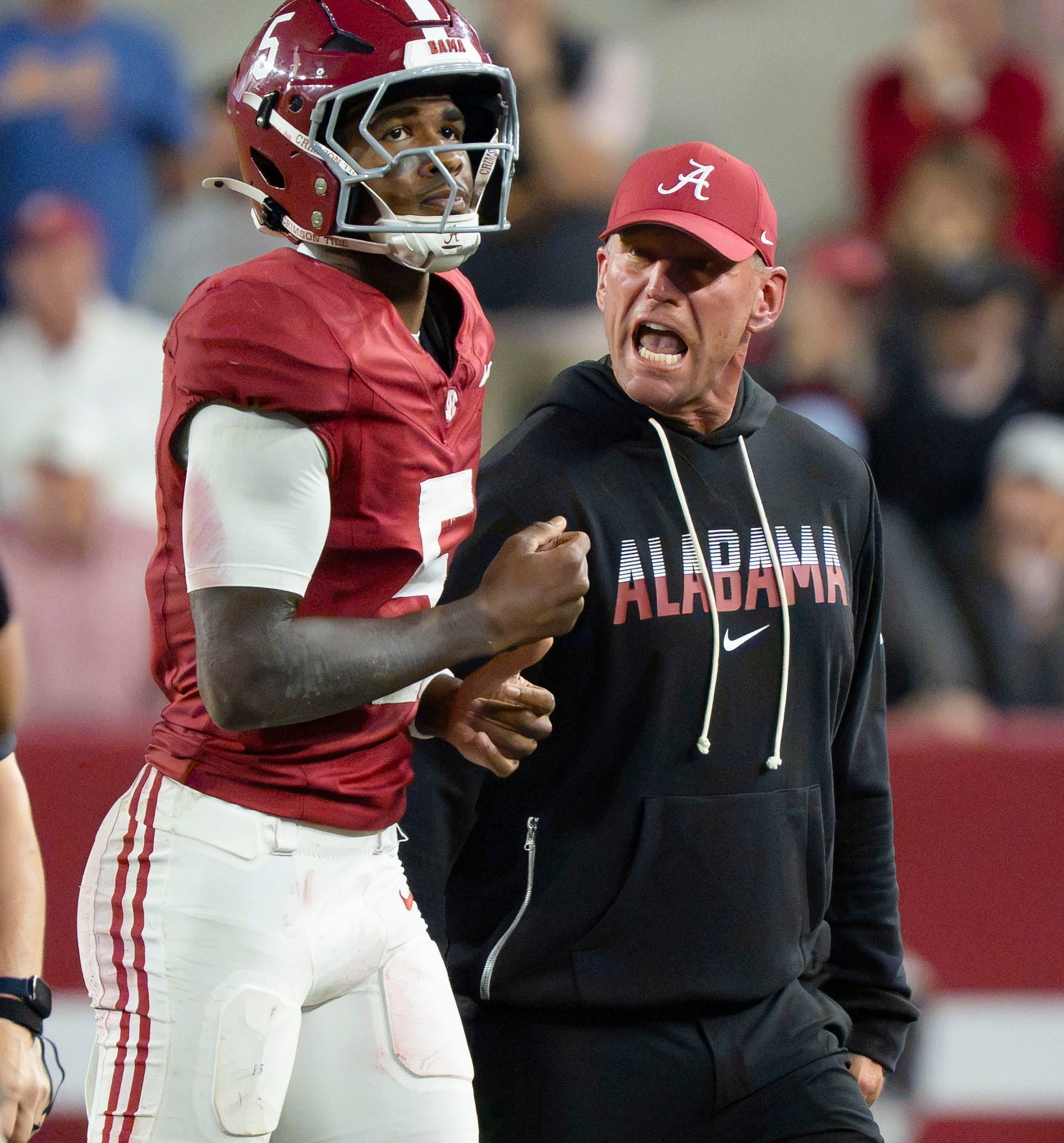 Oct 10, 2026; Tuscaloosa, Alabama, USA; Alabama head coach Kalen DeBoer yells at Alabama Dijon Lee Jr. (5) after Lee committed a personal foul that allowed Georgia to run out the clock at Saban Field at Bryant-Denny Stadium.