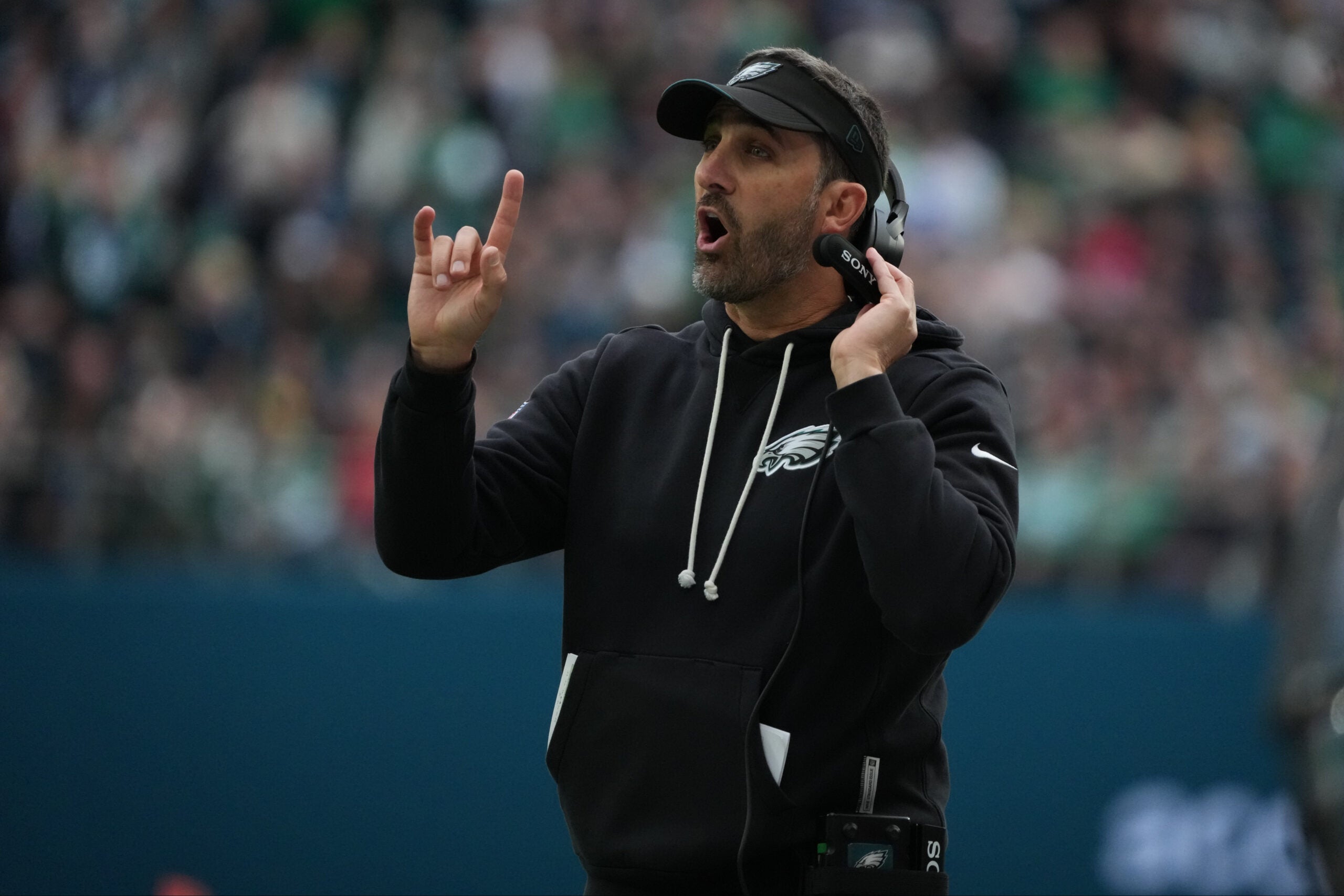 Oct 11, 2026; Tottenham, ENG; Philadelphia Eagles head coach Nick Sirianni reacts during the first half against the Jacksonville Jaguars at Tottenham Hotspur Stadium.