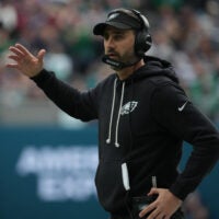 Oct 11, 2026; Tottenham, ENG; Philadelphia Eagles head coach Nick Sirianni reacts during the first half against the Jacksonville Jaguars at Tottenham Hotspur Stadium.