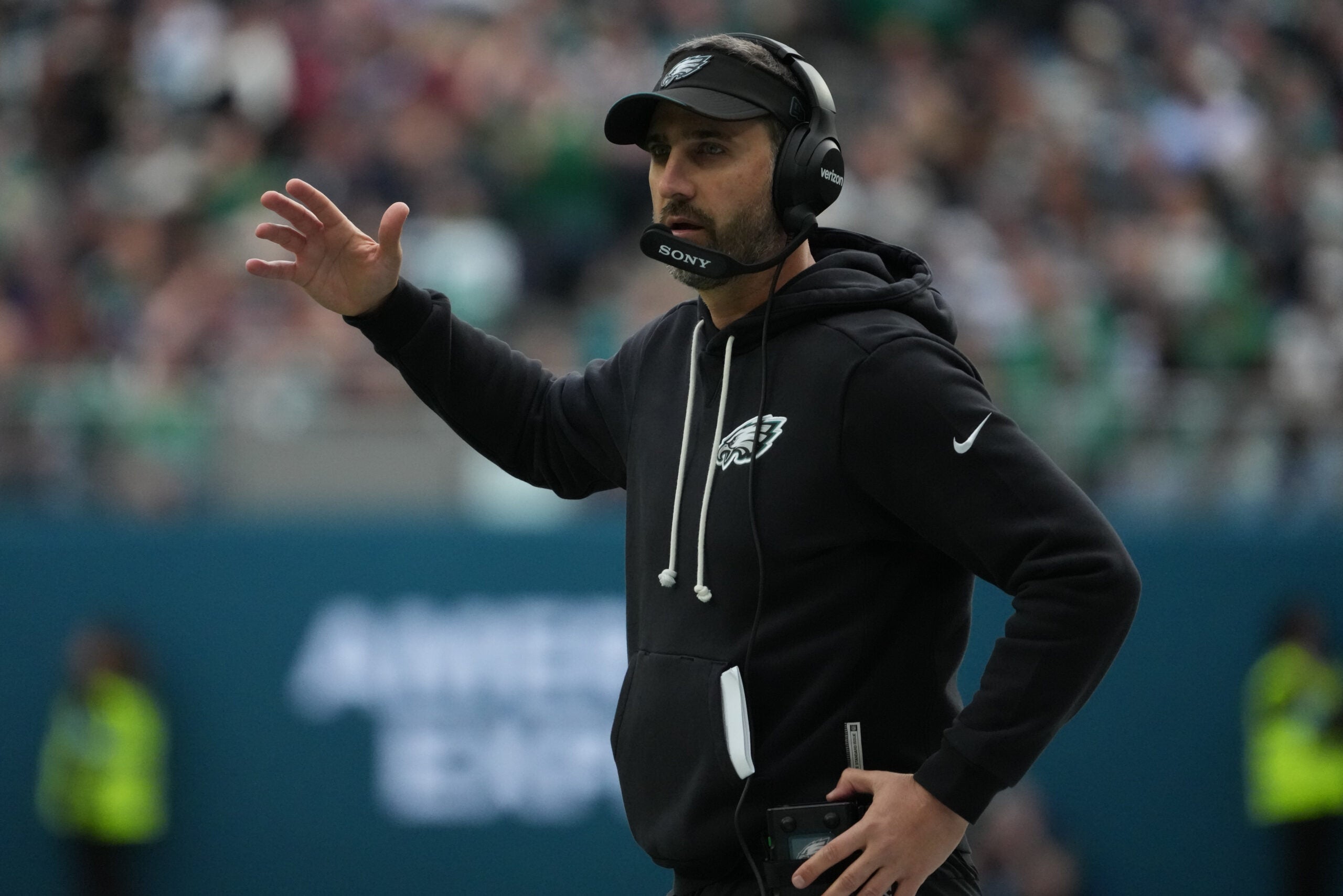 Oct 11, 2026; Tottenham, ENG; Philadelphia Eagles head coach Nick Sirianni reacts during the first half against the Jacksonville Jaguars at Tottenham Hotspur Stadium.