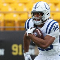 Oct 11, 2026; Pittsburgh, Pennsylvania, USA; Indianapolis Colts running back Jonathan Taylor (28) warms up before the game against then Pittsburgh Steelers at Acrisure Stadium.