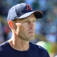 Oct 11, 2026; Green Bay, Wisconsin, USA; Chicago Bears head coach Ben Johnson looks on during warmups before the game against the Green Bay Packers at Lambeau Field.