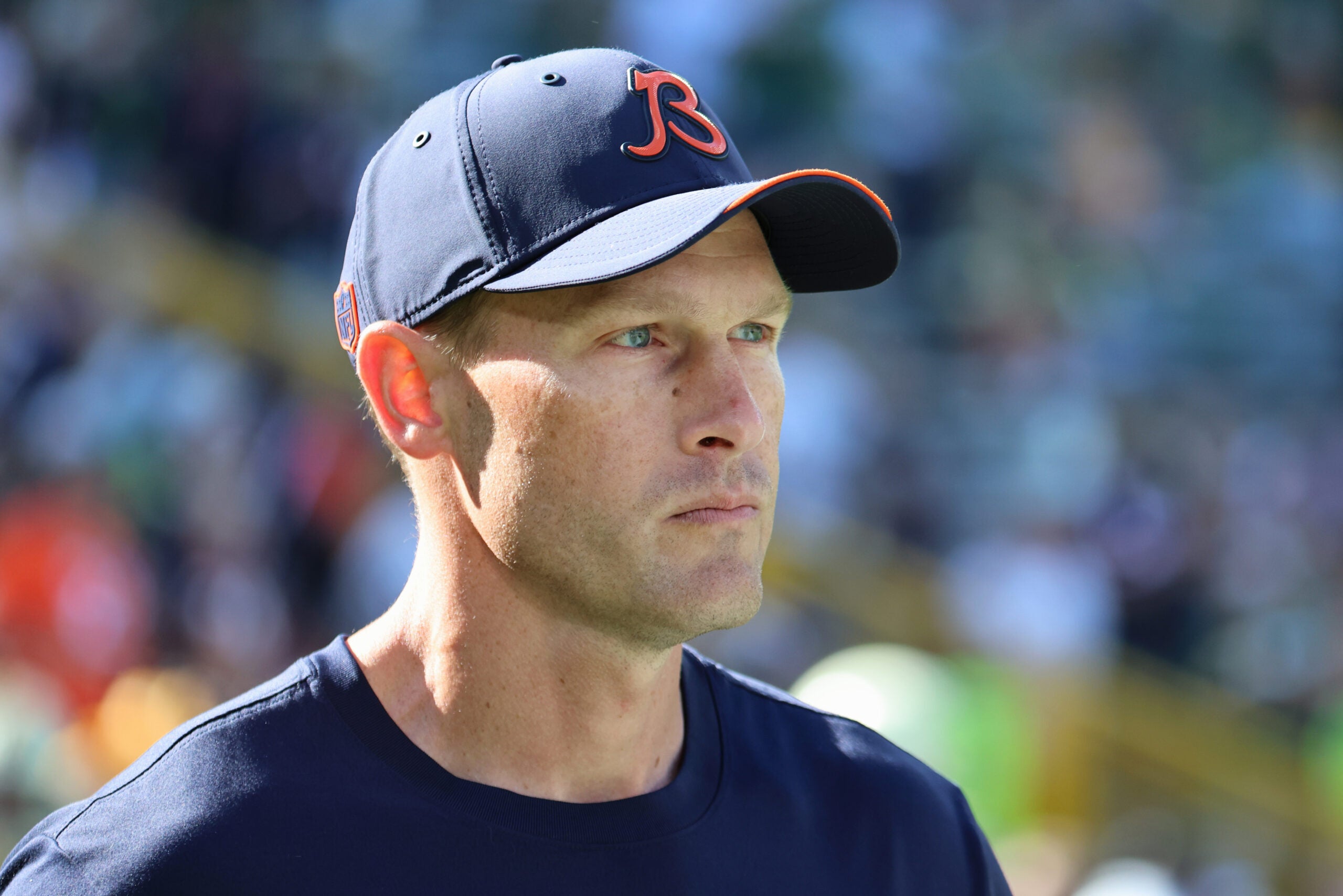 Oct 11, 2026; Green Bay, Wisconsin, USA; Chicago Bears head coach Ben Johnson looks on during warmups before the game against the Green Bay Packers at Lambeau Field.