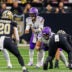 Oct 11, 2026; New Orleans, Louisiana, USA; Minnesota Vikings quarterback Kyler Murray (1) calls for the ball against New Orleans Saints linebacker Pete Werner (20) during the first half at Caesars Superdome.