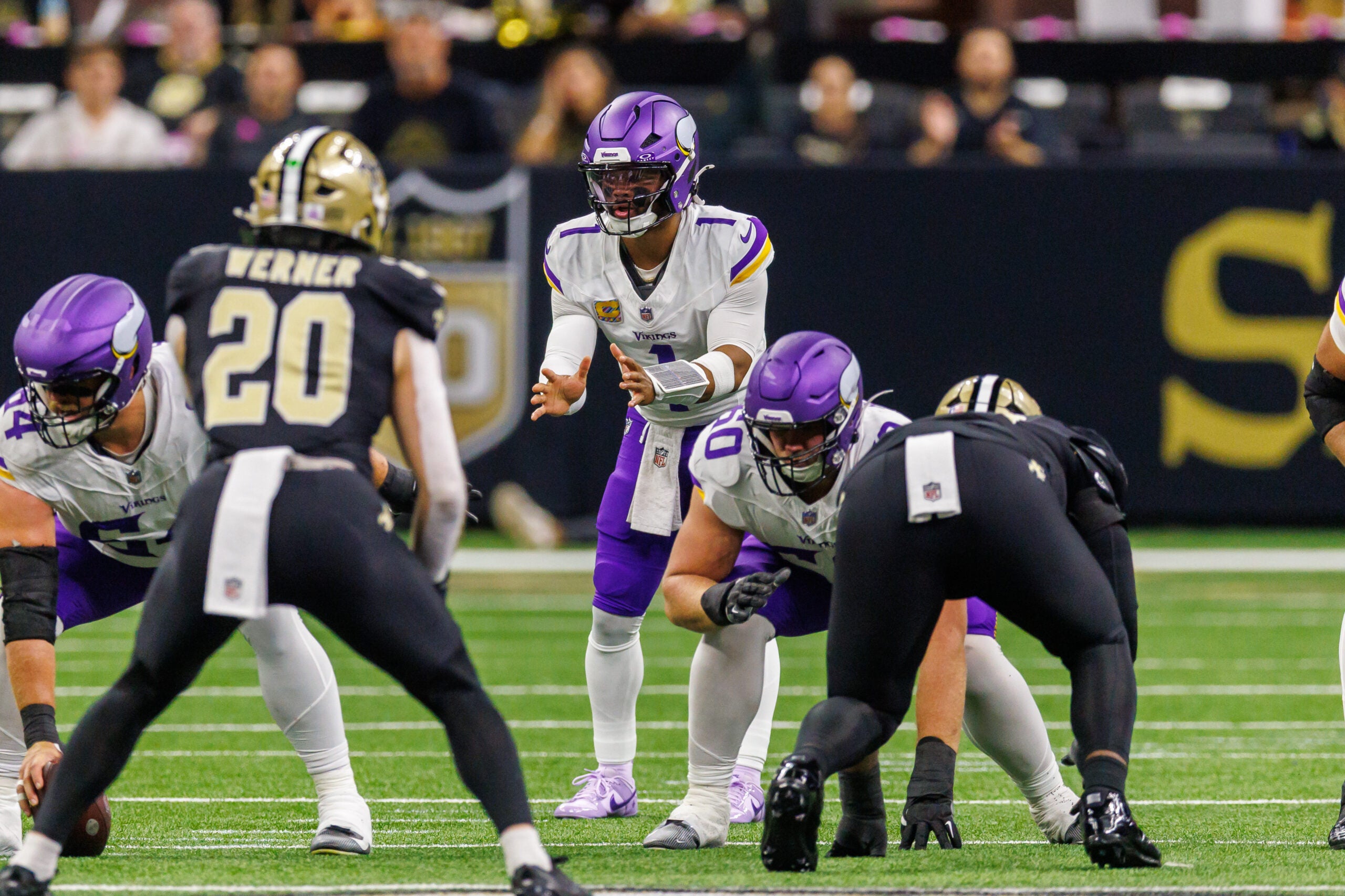 Oct 11, 2026; New Orleans, Louisiana, USA; Minnesota Vikings quarterback Kyler Murray (1) calls for the ball against New Orleans Saints linebacker Pete Werner (20) during the first half at Caesars Superdome.