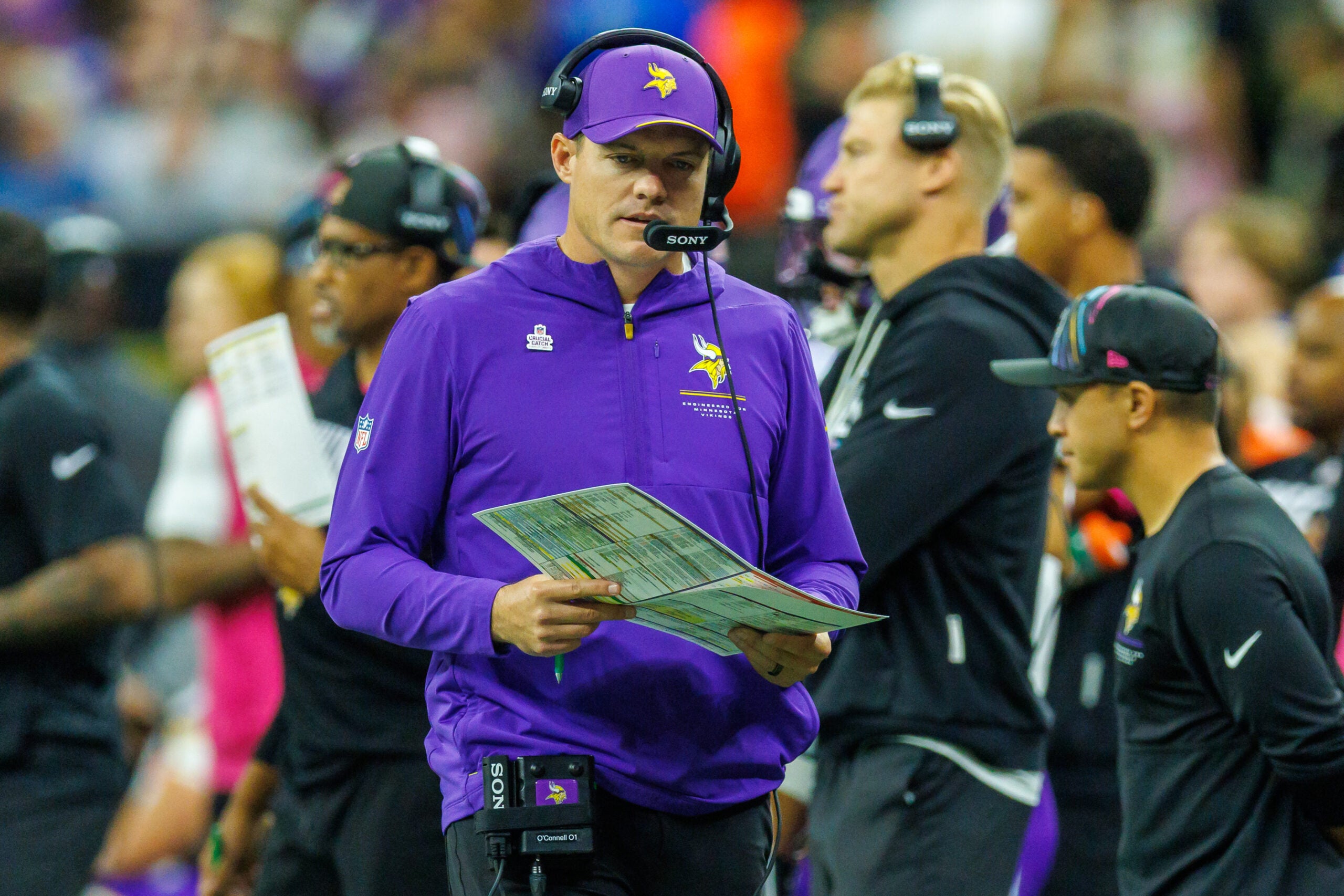 Oct 11, 2026; New Orleans, Louisiana, USA; Minnesota Vikings head coach Kevin O'Connell looks on against New Orleans Saints during the first half at Caesars Superdome.