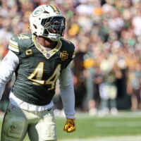 Oct 11, 2026; Green Bay, Wisconsin, USA; Green Bay Packers linebacker Zaire Franklin (44) reacts after a play against the Chicago Bears during the second quarter at Lambeau Field.
