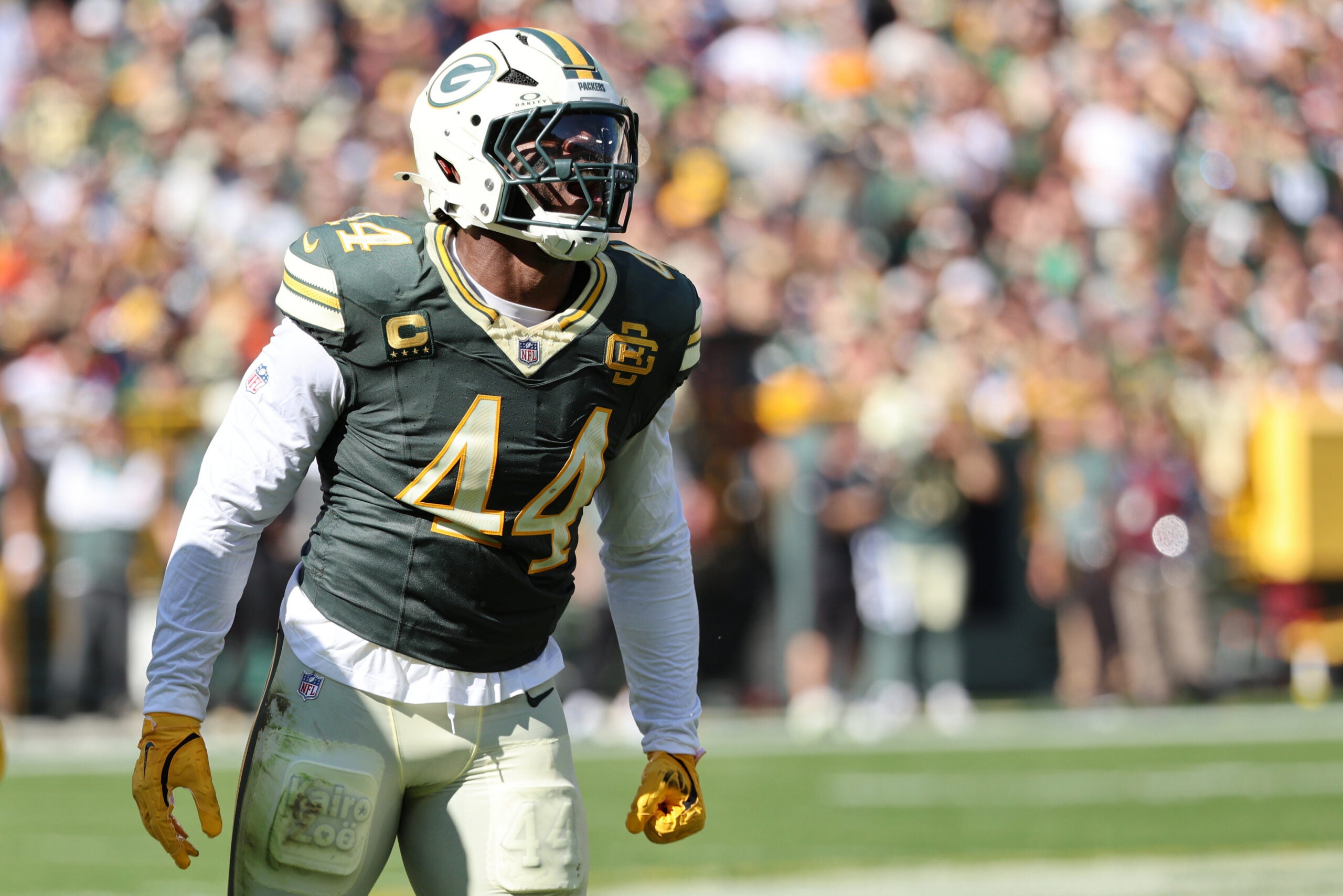 Oct 11, 2026; Green Bay, Wisconsin, USA; Green Bay Packers linebacker Zaire Franklin (44) reacts after a play against the Chicago Bears during the second quarter at Lambeau Field.