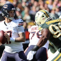Oct 11, 2026; Green Bay, Wisconsin, USA; Chicago Bears quarterback Tyson Bagent (17) looks to pass the ball against the Green Bay Packers during the second quarter at Lambeau Field.