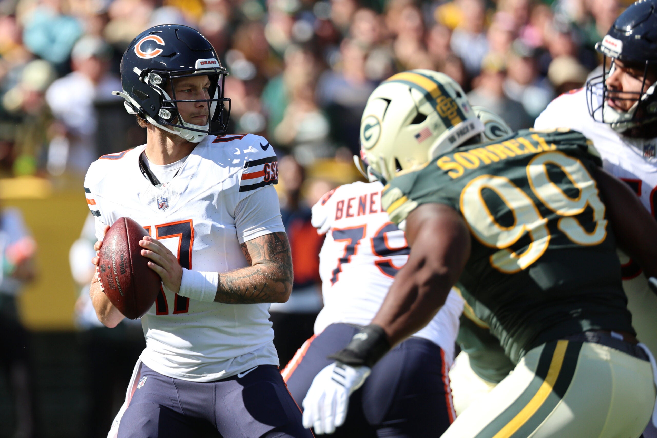 Oct 11, 2026; Green Bay, Wisconsin, USA; Chicago Bears quarterback Tyson Bagent (17) looks to pass the ball against the Green Bay Packers during the second quarter at Lambeau Field.