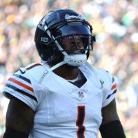 Oct 11, 2026; Green Bay, Wisconsin, USA; Chicago Bears defensive back Jaylon Johnson (1) reacts after a touchdown by Green Bay Packers during the third quarter at Lambeau Field.