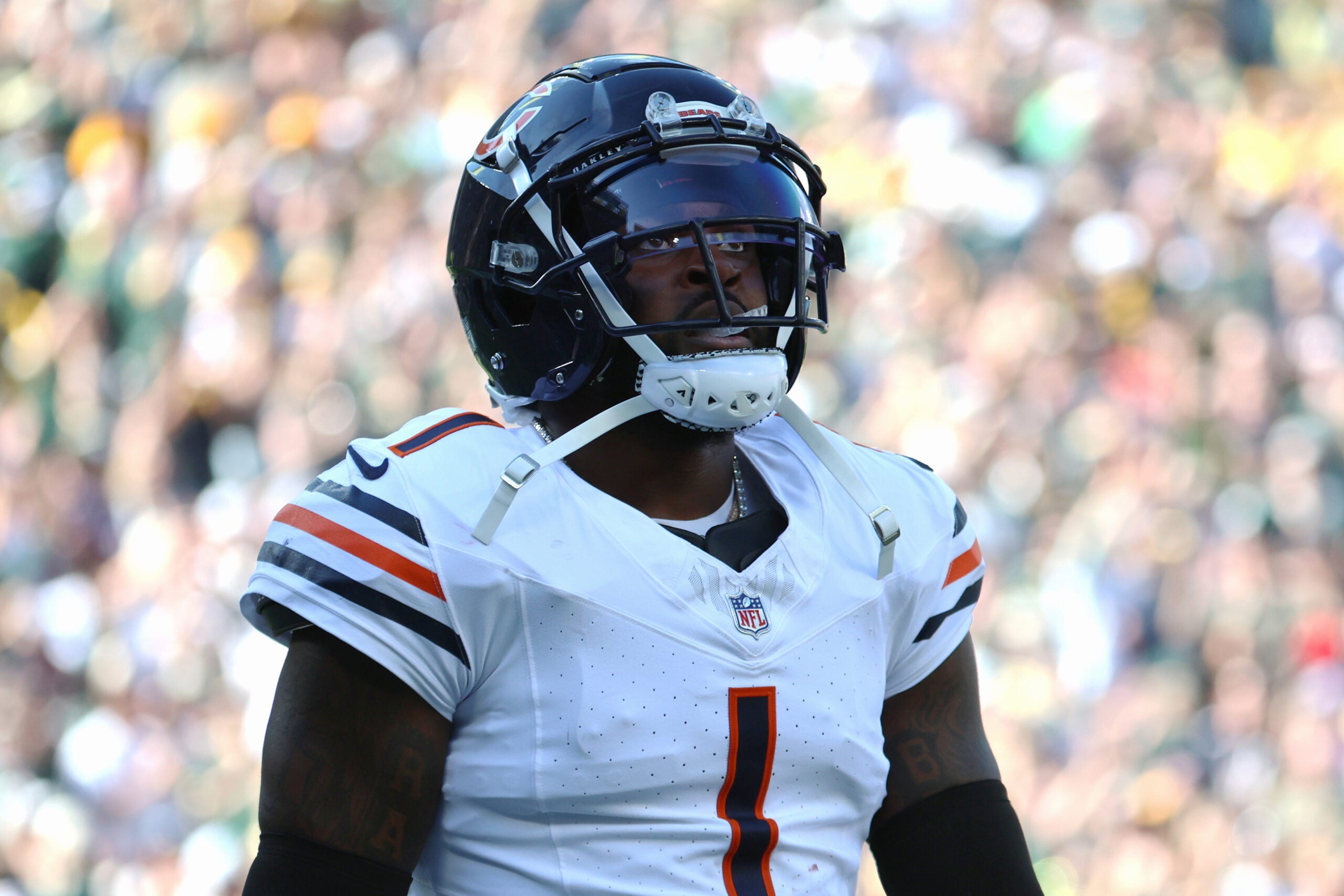 Oct 11, 2026; Green Bay, Wisconsin, USA; Chicago Bears defensive back Jaylon Johnson (1) reacts after a touchdown by Green Bay Packers during the third quarter at Lambeau Field.