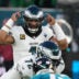 Oct 11, 2026; Tottenham, ENG; Philadelphia Eagles quarterback Jalen Hurts (1) signals during the second half against the Jacksonville Jaguars at Tottenham Hotspur Stadium.
