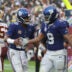 Oct 11, 2026; Landover, Maryland, USA; New York Giants quarterback Jameis Winston (19) and tight end Isaiah Likely (9) celebrate after connecting on a touchdown pass during the third quarter against the Washington Commanders at Northwest Stadium.