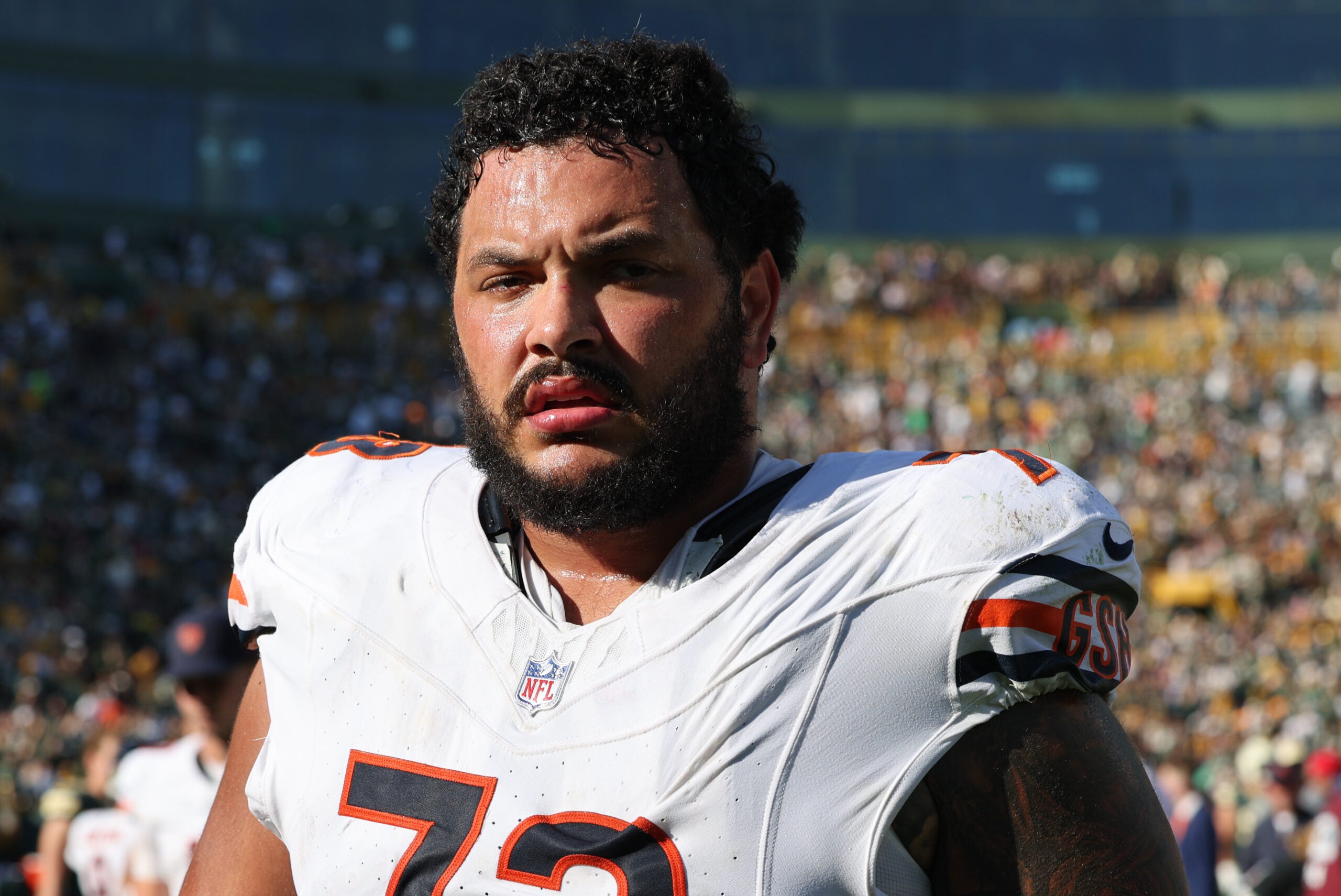 Oct 11, 2026; Green Bay, Wisconsin, USA; Chicago Bears offensive line Jonah Jackson (73) walks off the field after the game against the Green Bay Packers at Lambeau Field.