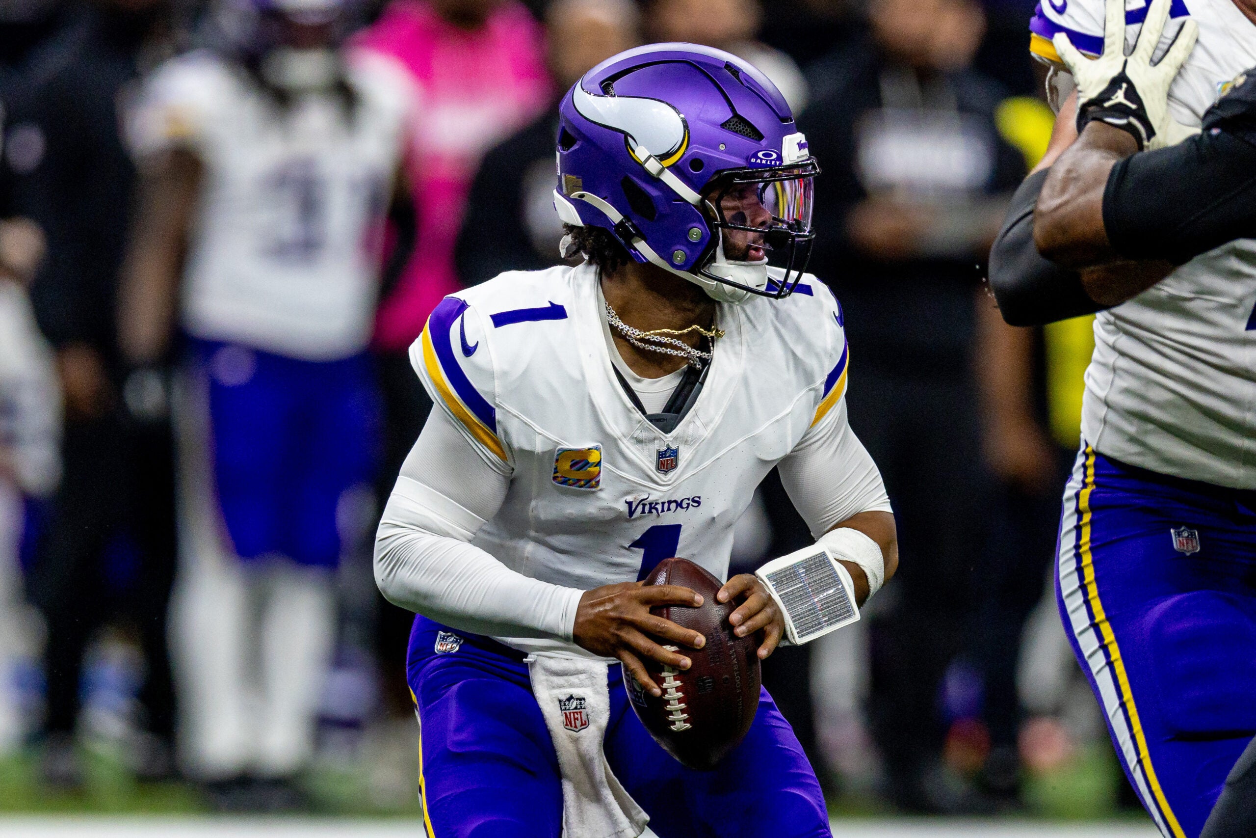 Oct 11, 2026; New Orleans, Louisiana, USA; Minnesota Vikings quarterback Kyler Murray (1) drops back to pass against New Orleans Saints during the first half at Caesars Superdome.