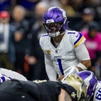 Oct 11, 2026; New Orleans, Louisiana, USA; Minnesota Vikings quarterback Kyler Murray (1) calls a play at the line of scrimmage against New Orleans Saints during the first half at Caesars Superdome.