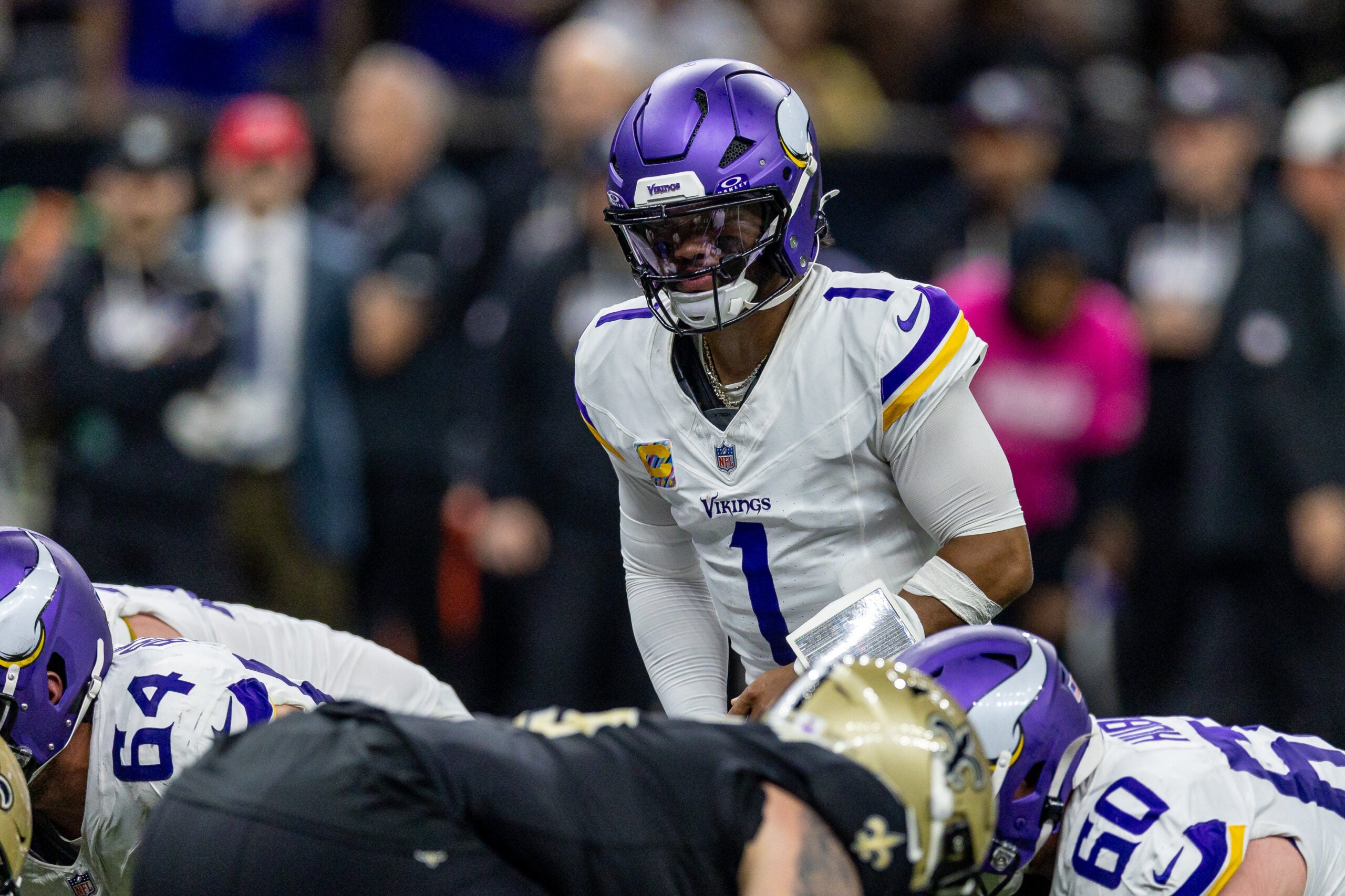 Oct 11, 2026; New Orleans, Louisiana, USA; Minnesota Vikings quarterback Kyler Murray (1) calls a play at the line of scrimmage against New Orleans Saints during the first half at Caesars Superdome.