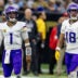 Oct 11, 2026; New Orleans, Louisiana, USA; Minnesota Vikings quarterback Kyler Murray (1) and wide receiver Justin Jefferson (18) look on against New Orleans Saints during the second half at Caesars Superdome.