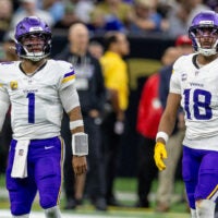 Oct 11, 2026; New Orleans, Louisiana, USA; Minnesota Vikings quarterback Kyler Murray (1) and wide receiver Justin Jefferson (18) look on against New Orleans Saints during the second half at Caesars Superdome.