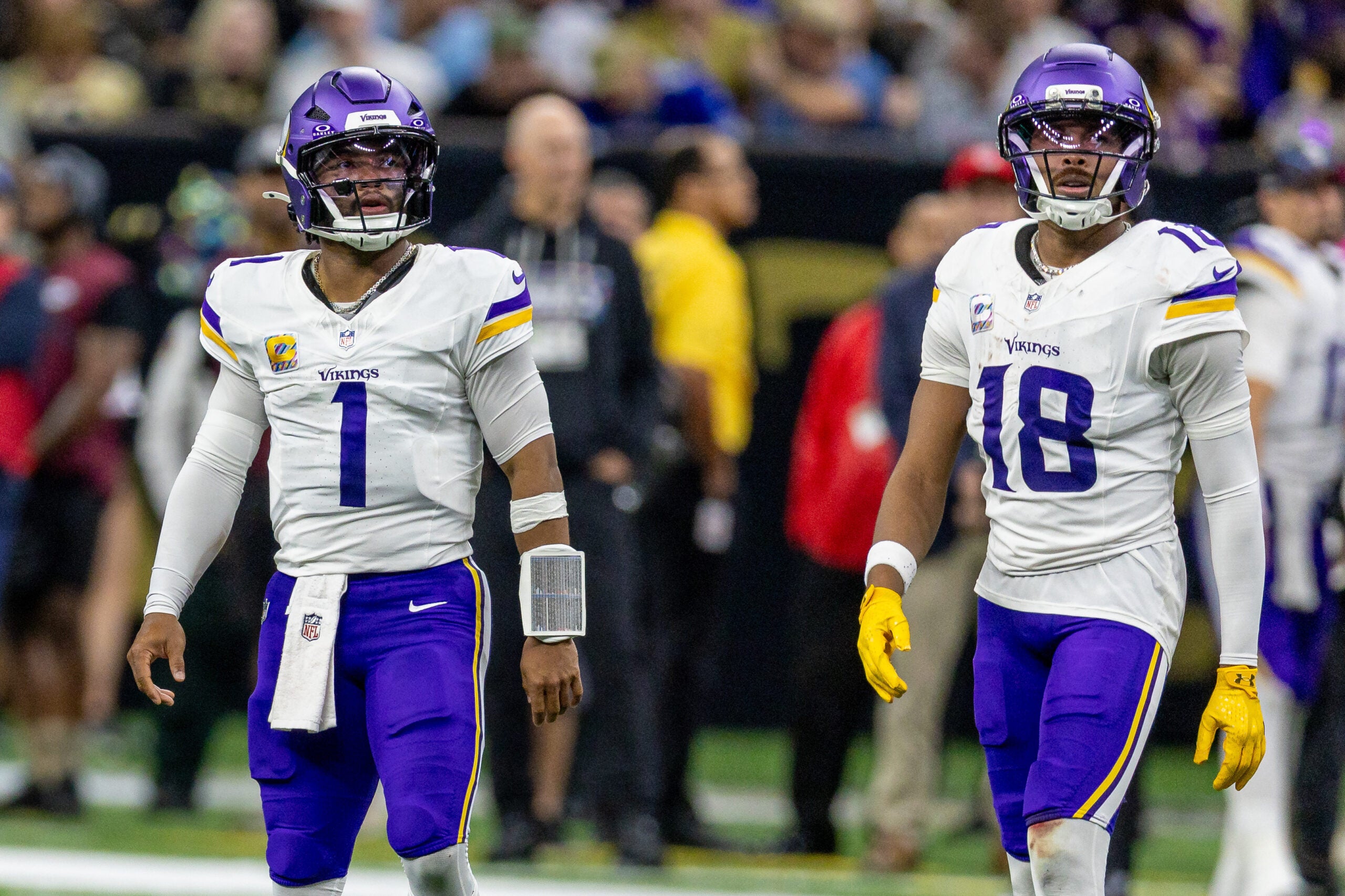 Oct 11, 2026; New Orleans, Louisiana, USA; Minnesota Vikings quarterback Kyler Murray (1) and wide receiver Justin Jefferson (18) look on against New Orleans Saints during the second half at Caesars Superdome.