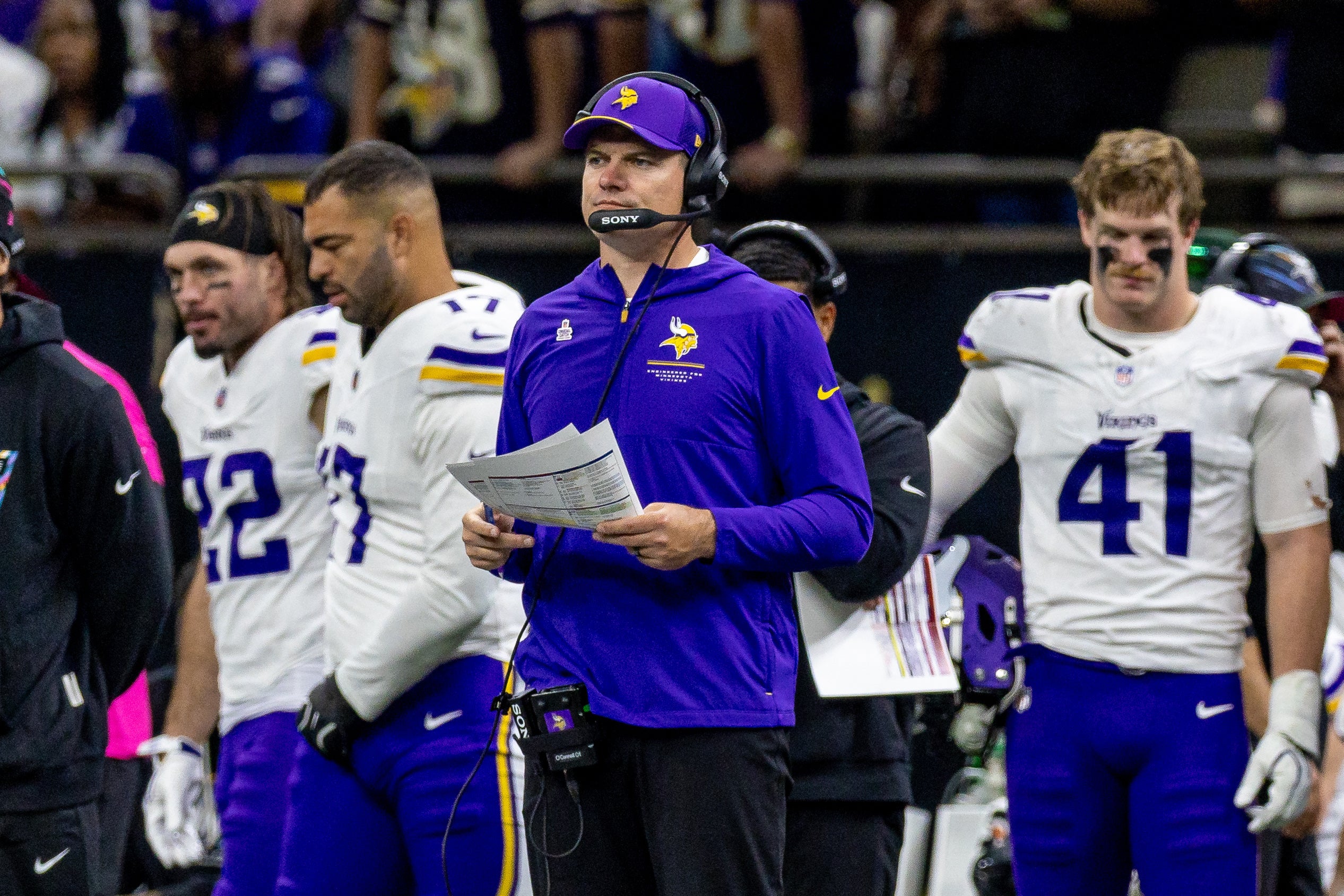 Oct 11, 2026; New Orleans, Louisiana, USA; Minnesota Vikings head coach Kevin O'Connell looks on against New Orleans Saints during the second half at Caesars Superdome.
