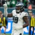 Oct 11, 2026; Tottenham, ENG; Philadelphia Eagles defensive tackle Jalen Carter (98) reacts during the second half against the Jacksonville Jaguars at Tottenham Hotspur Stadium.