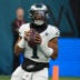 Oct 11, 2026; Tottenham, ENG; Philadelphia Eagles quarterback Jalen Hurts (1) drops back to pass during the second half against the Jacksonville Jaguars at Tottenham Hotspur Stadium.