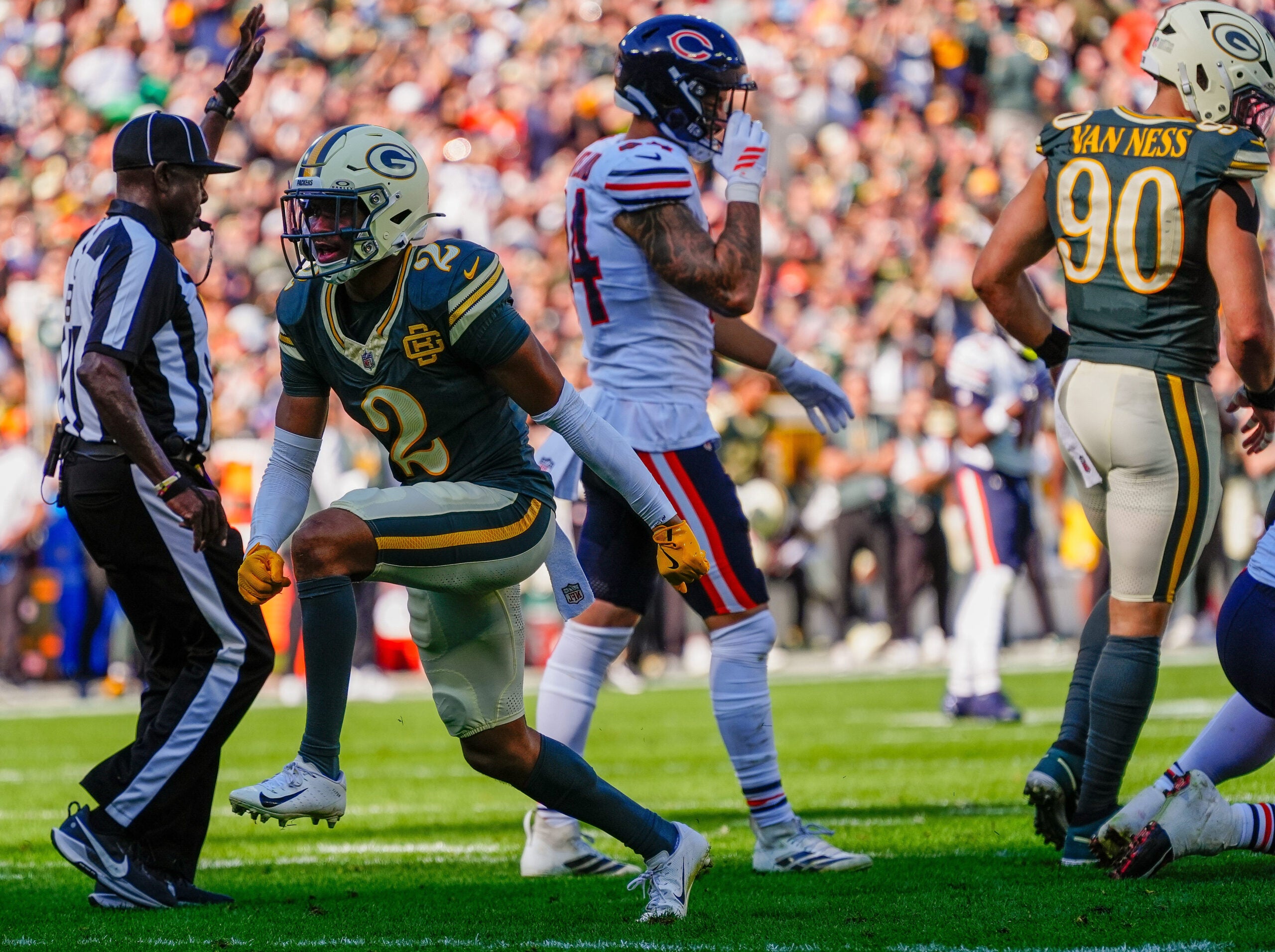 Green Bay Packers cornerback Brandon Cisse (2) celebrates after sacking Chicago Bears quarterback Tyson Bagent on Sunday, Oct. 11, 2026, at Lambeau Field in Green Bay, Wisconsin. The Packers won the game, 31-7.