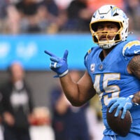 Oct 11, 2026; Inglewood, California, USA; Los Angeles Chargers linebacker Tuli Tuipulotu (45) celebrates after a fumble recovery against the Denver Broncos during the second half at SoFi Stadium.