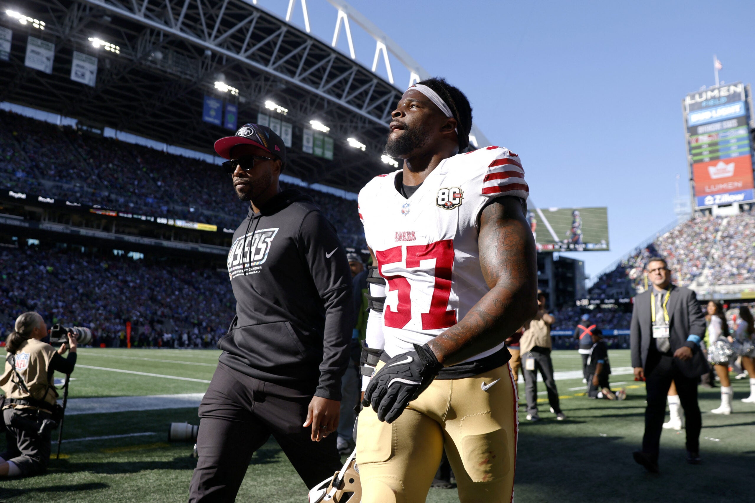 Oct 11, 2026; Seattle, Washington, USA; San Francisco 49ers linebacker Dre Greenlaw (57) leaves the field after a game against the Seattle Seahawks at Lumen Field.