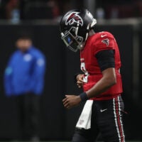 Oct 11, 2026; Atlanta, Georgia, USA; Atlanta Falcons quarterback Michael Penix Jr. (9) leaves the field during the fourth quarter against the Baltimore Ravens at Mercedes-Benz Stadium.