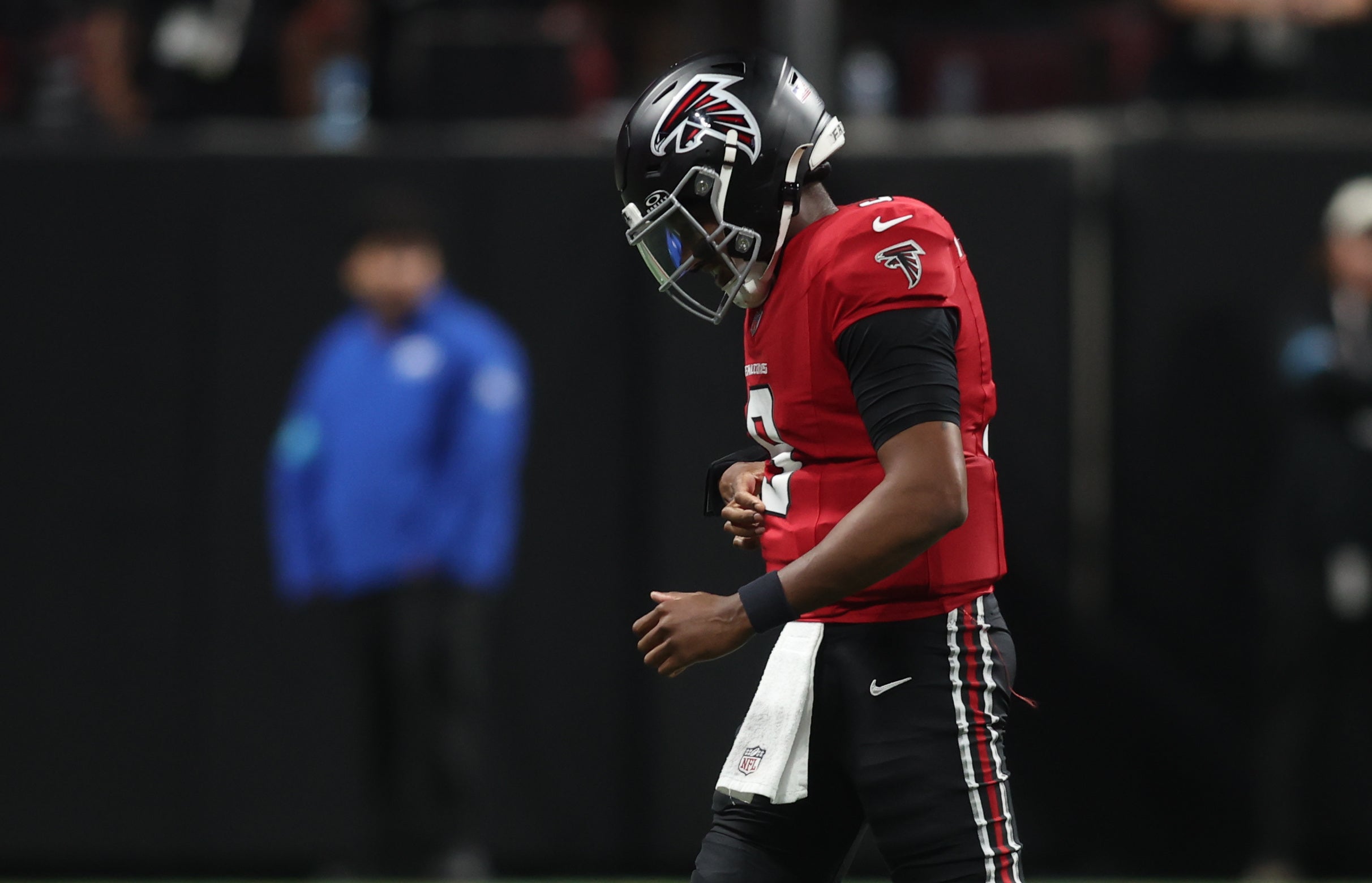 Oct 11, 2026; Atlanta, Georgia, USA; Atlanta Falcons quarterback Michael Penix Jr. (9) leaves the field during the fourth quarter against the Baltimore Ravens at Mercedes-Benz Stadium.