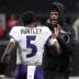 Oct 11, 2026; Atlanta, Georgia, USA; Baltimore Ravens quarterback Tyler Huntley (5) celebrates with quarterback Lamar Jackson (8) after a touchdown during overtime against the Atlanta Falcons at Mercedes-Benz Stadium.