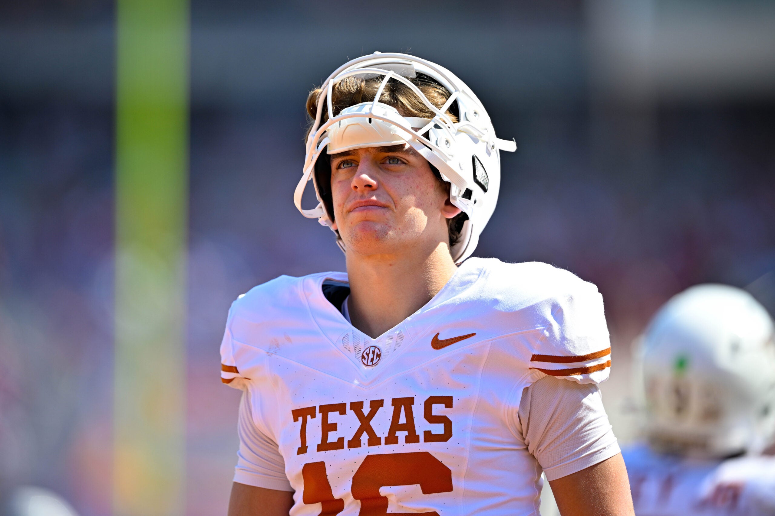 Oct 10, 2026; Dallas, Texas, USA; Texas Longhorns quarterback Arch Manning (16) looks on before the game between the Sooners and the Longhorns.