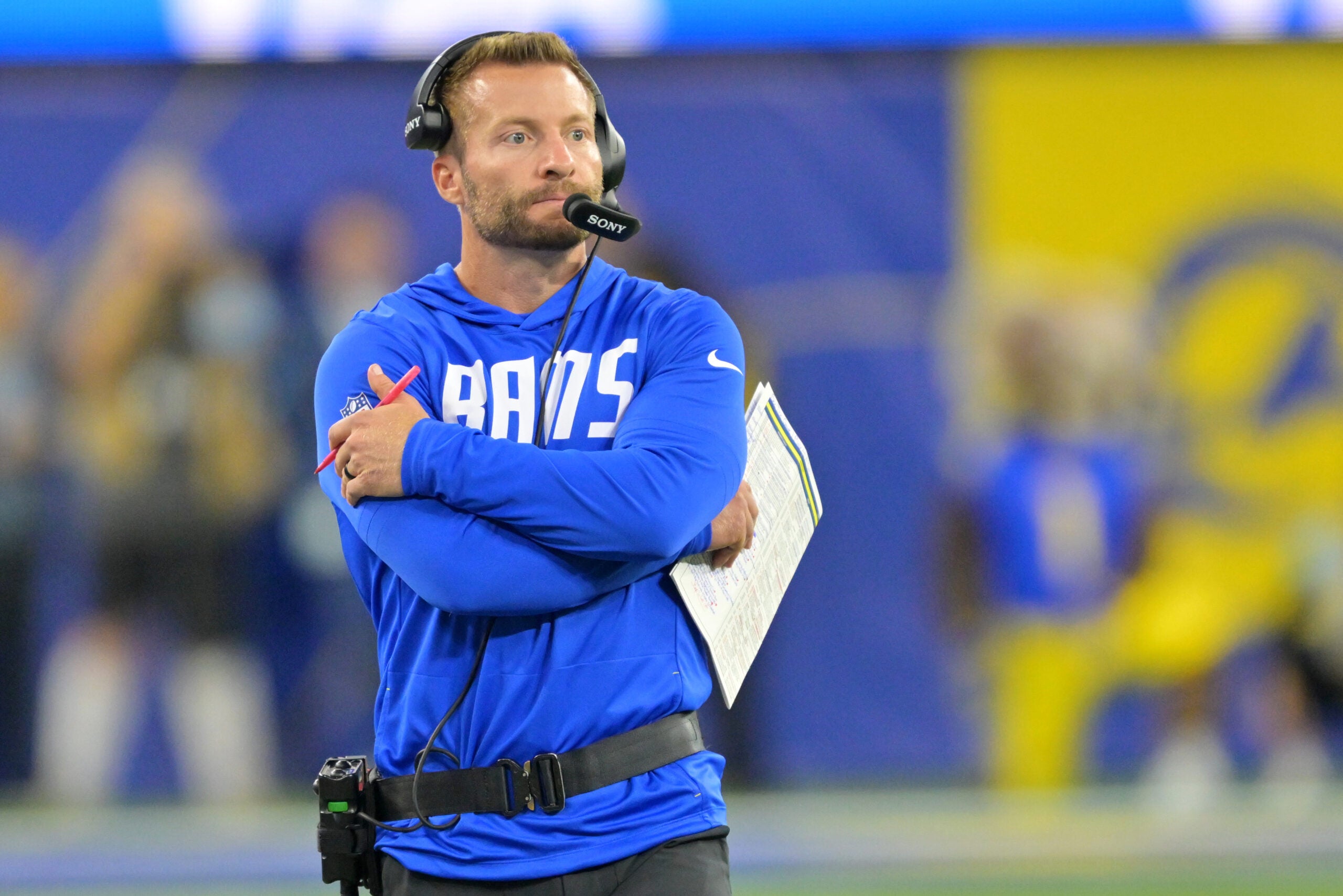 Oct 12, 2026; Inglewood, California, USA; Los Angeles Rams head coach Sean McVay looks on during the fourth quarter against the Buffalo Bills at SoFi Stadium.