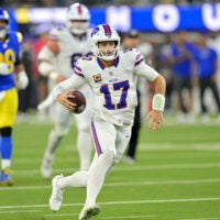 Oct 12, 2026; Inglewood, California, USA; Buffalo Bills quarterback Josh Allen (17) rushes during the fourth quarter against the Los Angeles Rams at SoFi Stadium.