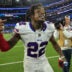 Oct 12, 2026; Inglewood, California, USA; Buffalo Bills safety C.J. Gardner-Johnson (22) celebrates after the game against the Los Angeles Rams at SoFi Stadium.