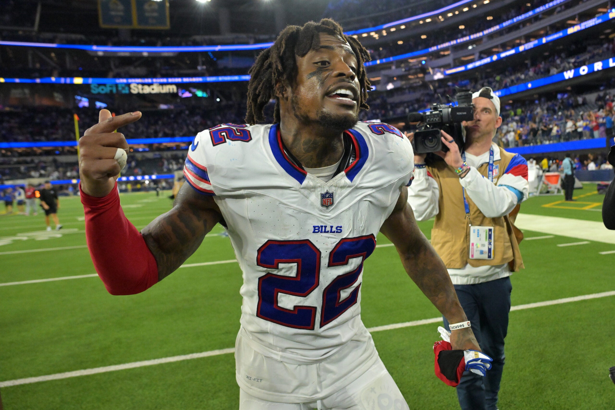 Oct 12, 2026; Inglewood, California, USA; Buffalo Bills safety C.J. Gardner-Johnson (22) celebrates after the game against the Los Angeles Rams at SoFi Stadium.