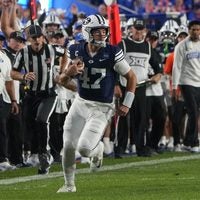 Oct 9, 2026; Provo, Utah, USA; BYU Cougars quarterback Bear Bachmeier (47) run the ball during the first half against the Iowa State Cyclones at LaVell Edwards Stadium.
