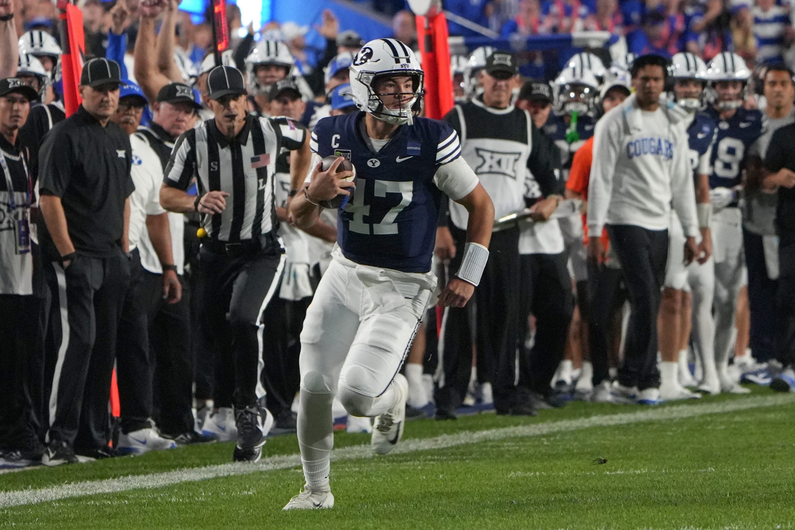 Oct 9, 2026; Provo, Utah, USA; BYU Cougars quarterback Bear Bachmeier (47) run the ball during the first half against the Iowa State Cyclones at LaVell Edwards Stadium.