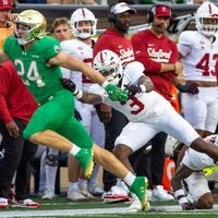 Oct 10, 2026; South Bend, Indiana, USA; Notre Dame Fighting Irish tight end Ian Premer (24) tries to get past Stanford Cardinal safety Jaylen'dai Sumlin (3) during the second half at Notre Dame Stadium.