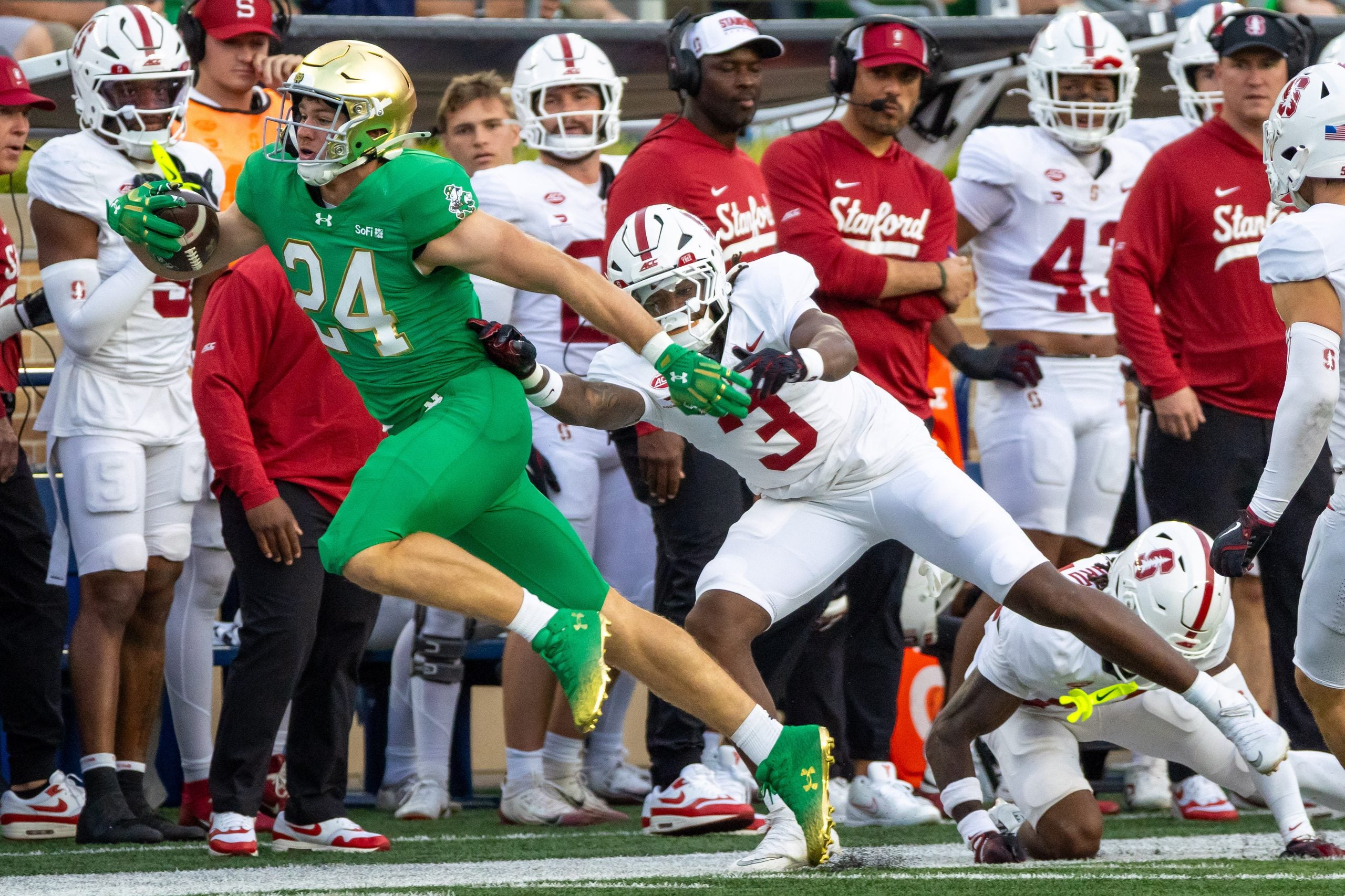 Oct 10, 2026; South Bend, Indiana, USA; Notre Dame Fighting Irish tight end Ian Premer (24) tries to get past Stanford Cardinal safety Jaylen'dai Sumlin (3) during the second half at Notre Dame Stadium.