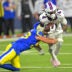 Oct 12, 2026; Inglewood, California, USA; Los Angeles Rams linebacker Nate Landman (53) forces a fumble by Buffalo Bills running back James Cook III (4) during the third quarter at SoFi Stadium.