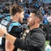 Oct 4, 2026; Charlotte, North Carolina, USA; Carolina Panthers head coach Dave Canales with offensive tackle Monroe Freeling (57) after the game at Bank of America Stadium.