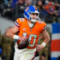 Oct 15, 2026; Denver, Colorado, USA; Denver Broncos quarterback Bo Nix (10) looks to throw in the second half against the Seattle Seahawks at Empower Field at Mile High.