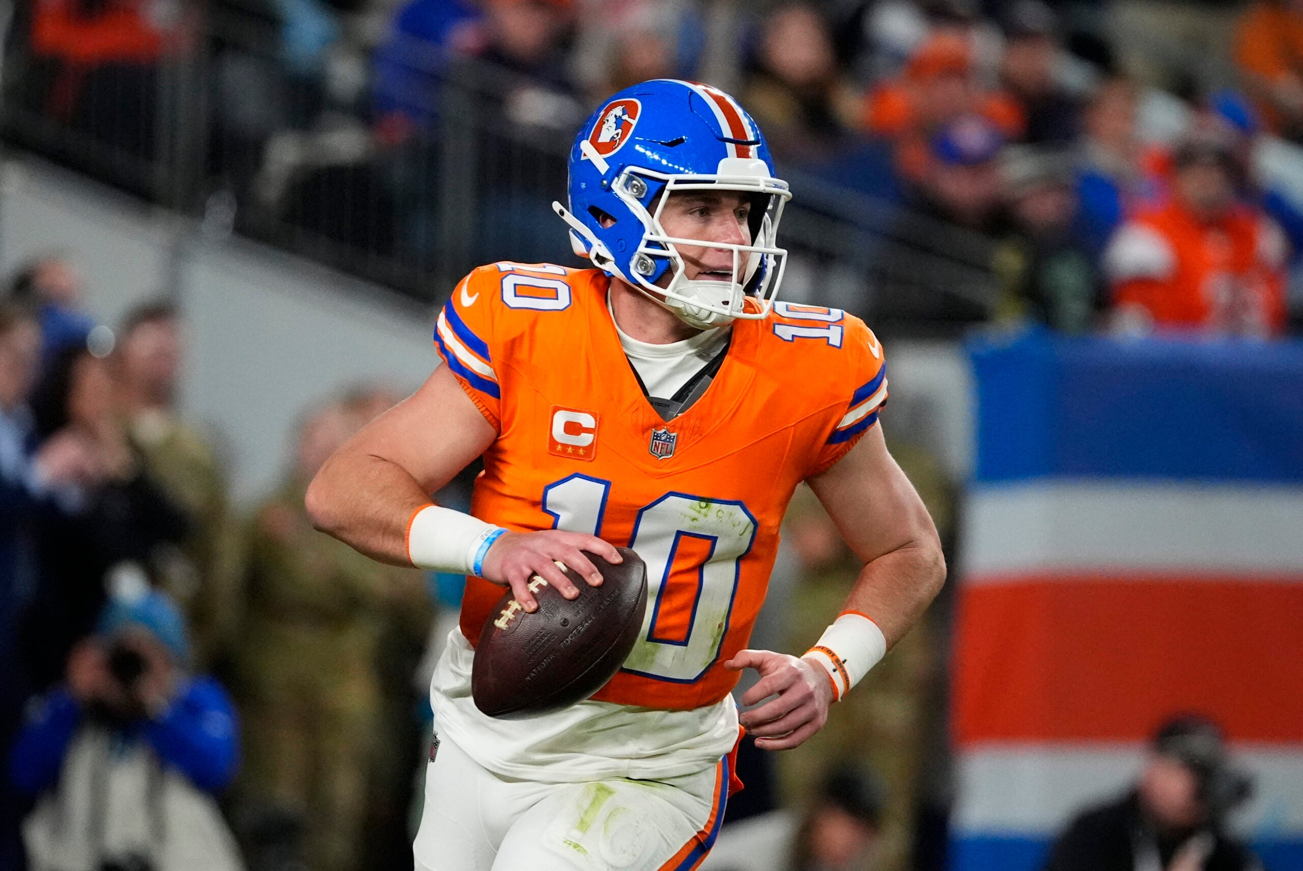 Oct 15, 2026; Denver, Colorado, USA; Denver Broncos quarterback Bo Nix (10) looks to throw in the second half against the Seattle Seahawks at Empower Field at Mile High.